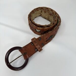 Vintage Leather Belt Made In Mexico Size 38 Woven Die‎ Cut Navajo Aztec Inlay